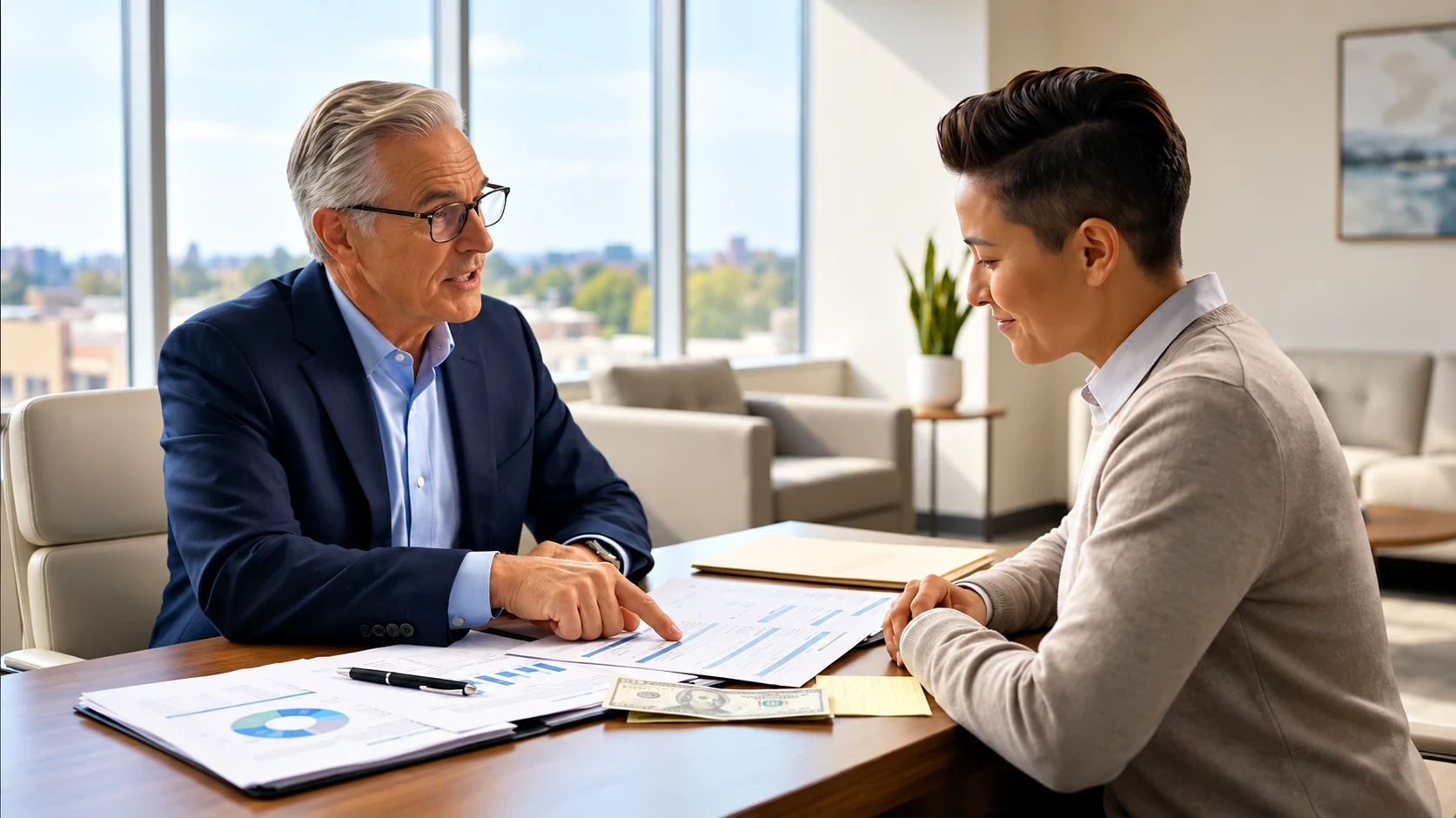 A financial adviser at a desk in a bank office, going through financing paperwork with a business owner seated opposite